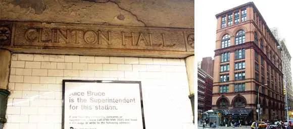 L: the Clinton Hall lintel; R: 13 Astor Place, in front of which stands the entrance to the Downtown platform