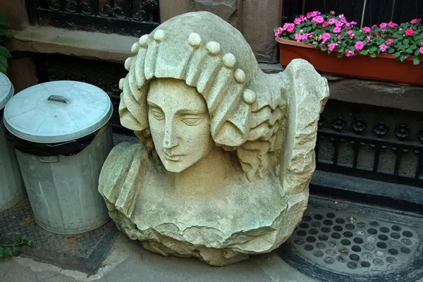 Decapitated limestone head from the original Ziegfeld Theater