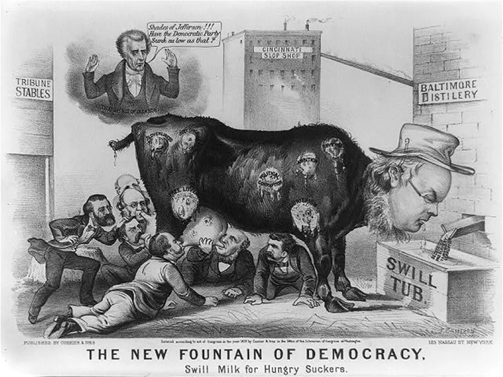 A lithograph from printers Currier & Ives depicted swill milk as the root of many vices (1872 )