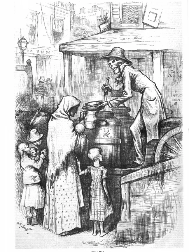 An editorial cartoon in Harper's Weekly depicts the deadly consequences of swill milk. (August 17, 1878