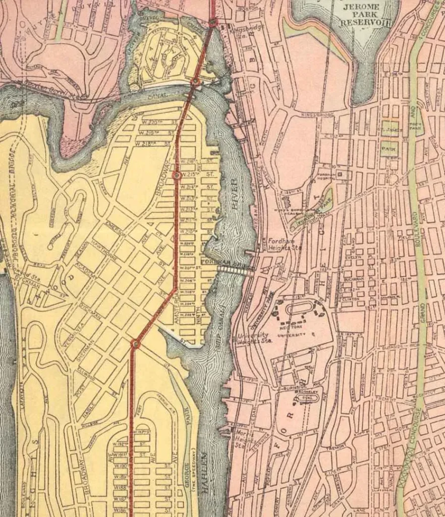 1908 map of the Spuyten Duyvil Creek separating Marble Hill from the Bronx mainland