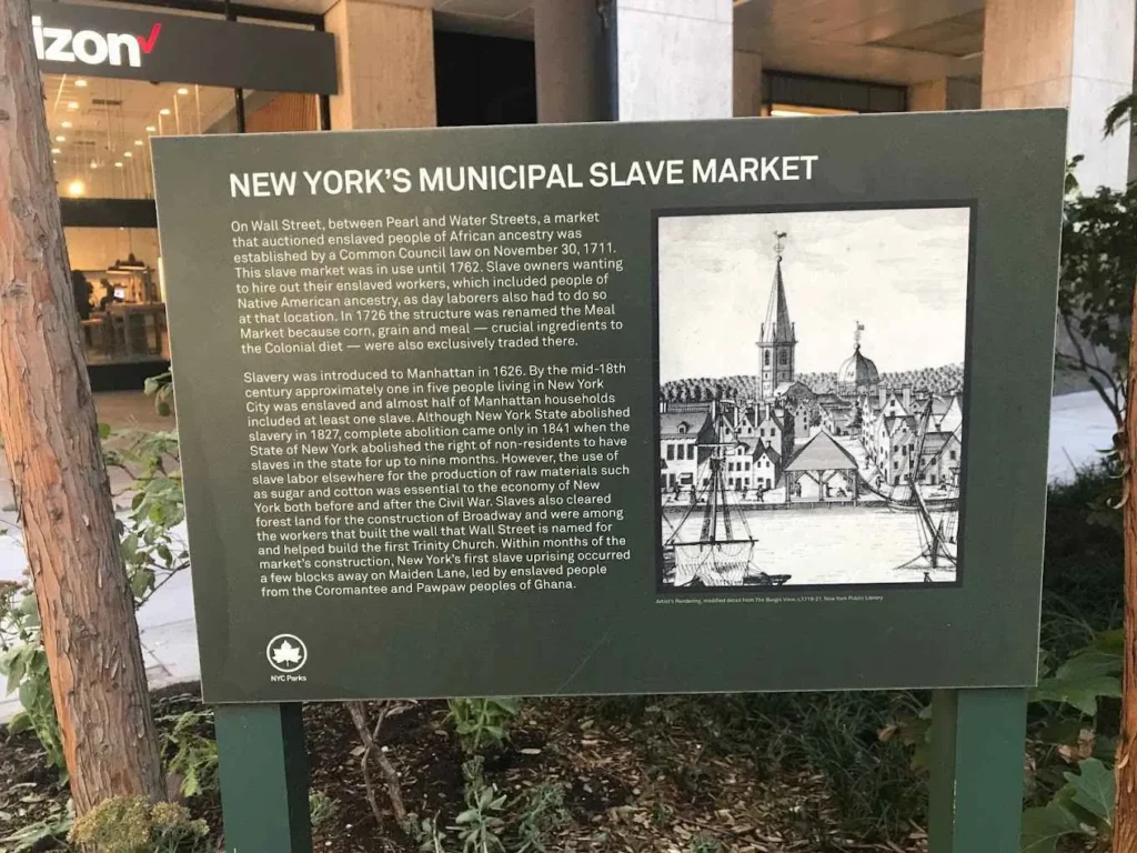 Informational sign at the site of NYC’s first slave market, active from 1711 to 1762.