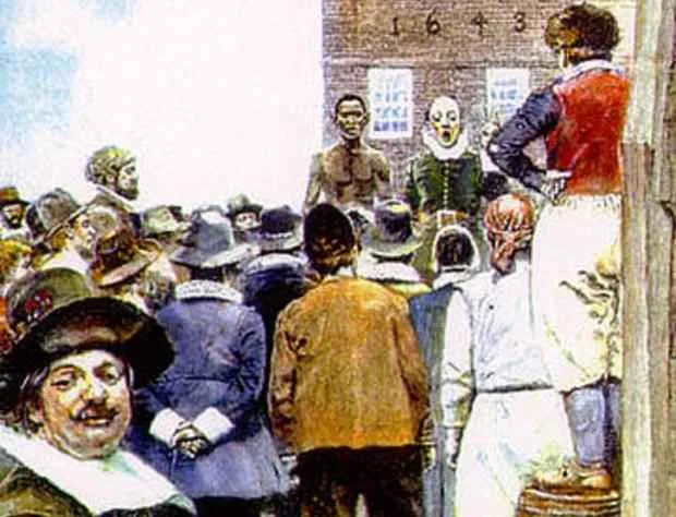 Harper's Magazine illustration of the New York City slave market in 1643.