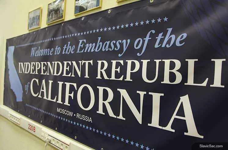 Welcome sign to the Embassy of the Republic of California in Moscow