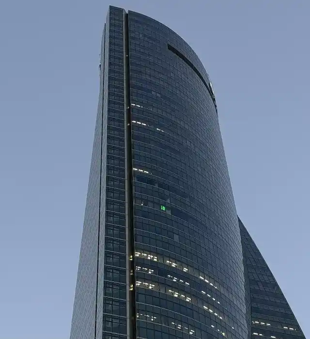 Green light indicating the location of the highest chapel in Europe inside the Emperador Castellana building.
