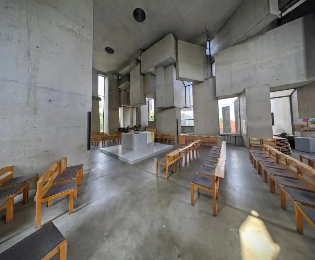 Interior of the Wotruba Church in Vienna, highlighting its brutalist style