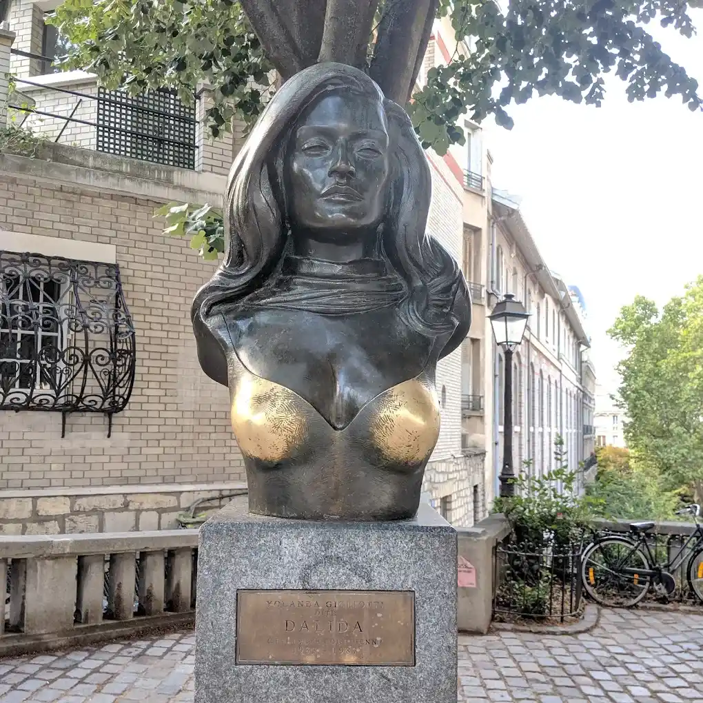 Dalida tribute bust in Montmartre, showing signs of time and tourist superstition.