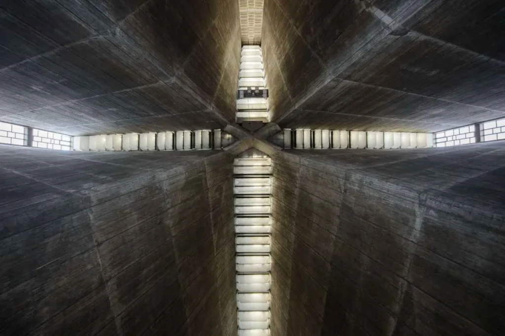 Looking up at the cross-shaped skylight