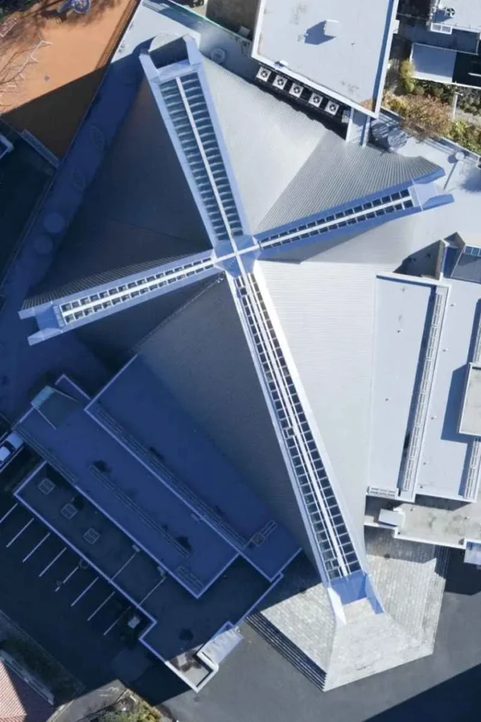 Viewed from above, the architecture reveals the silhouette of a cross between the hyperbolic paraboloids. (Photo credit: St. Mary's Cathedral, Tokyo)