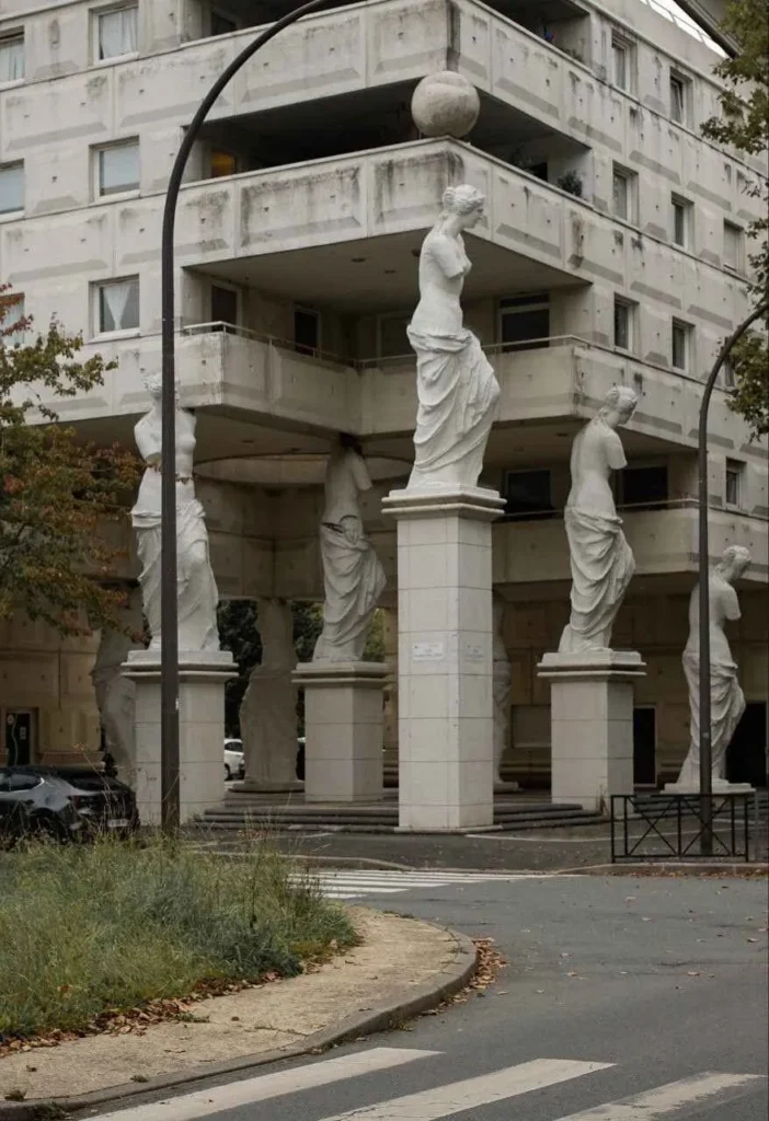 A corner building supported by 18 statues
