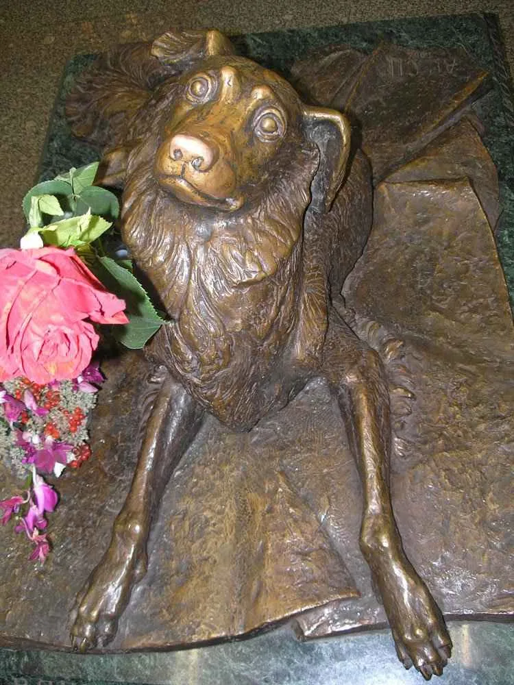 Front view of the Compassion statue of the dog killed in the Moscow metro